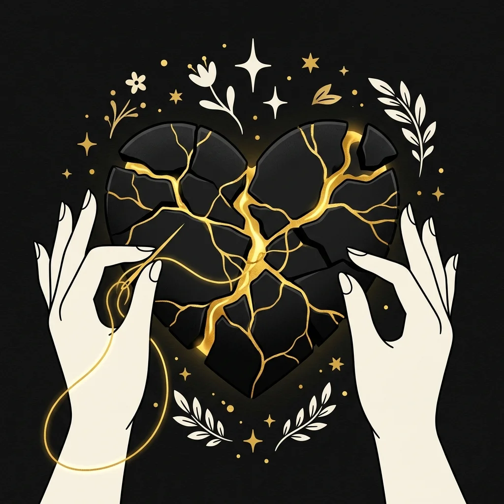 Ilustração cartoon em preto e dourado: Um coração partido sendo remendado com um fio dourado, estilo kintsugi