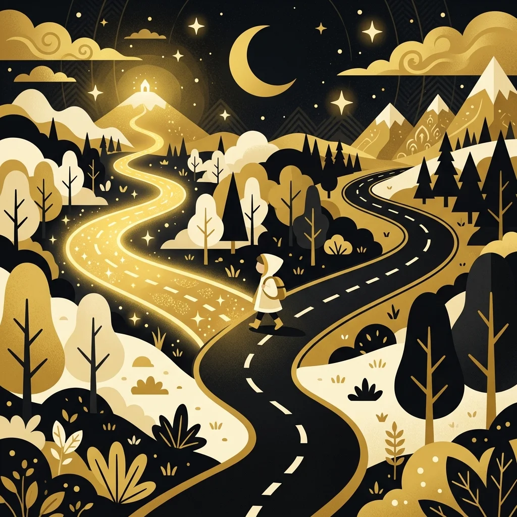 Ilustração cartoon em preto e dourado: Dois caminhos se separando de uma estrada única, um deles com luz dourada