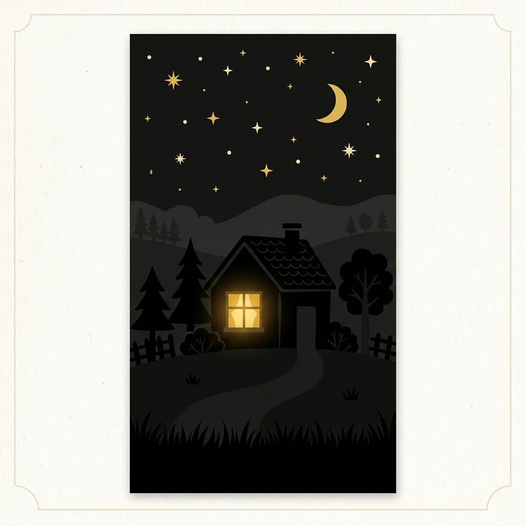 Ilustração cartoon em preto e dourado: Uma casa em silhueta com uma luz quente dourada na janela
