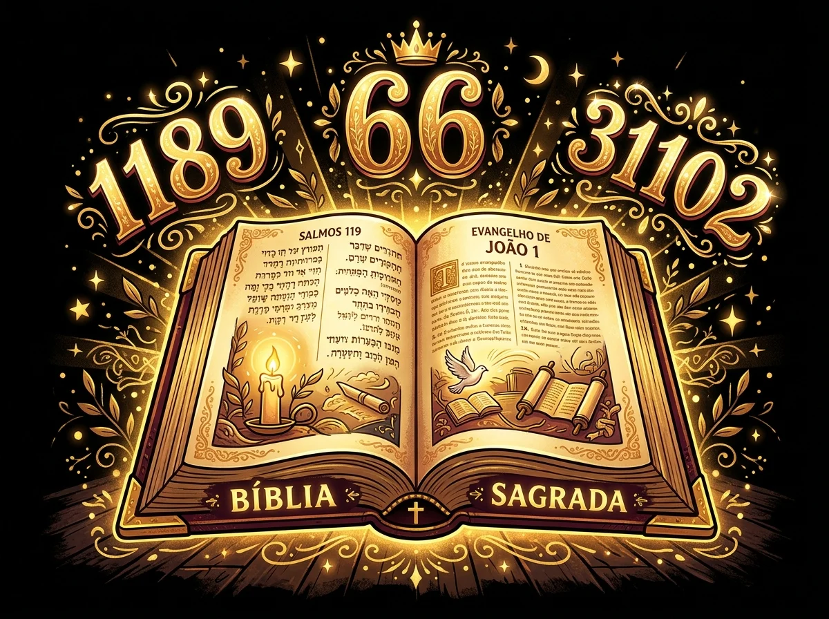 Ilustração cartoon em preto e dourado de uma Bíblia aberta com números de capítulos e versículos ao redor