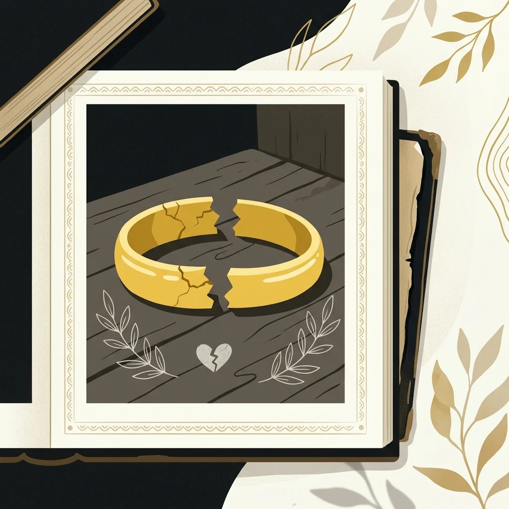 Ilustração cartoon em preto e dourado: Uma aliança de casamento dourada partida ao meio