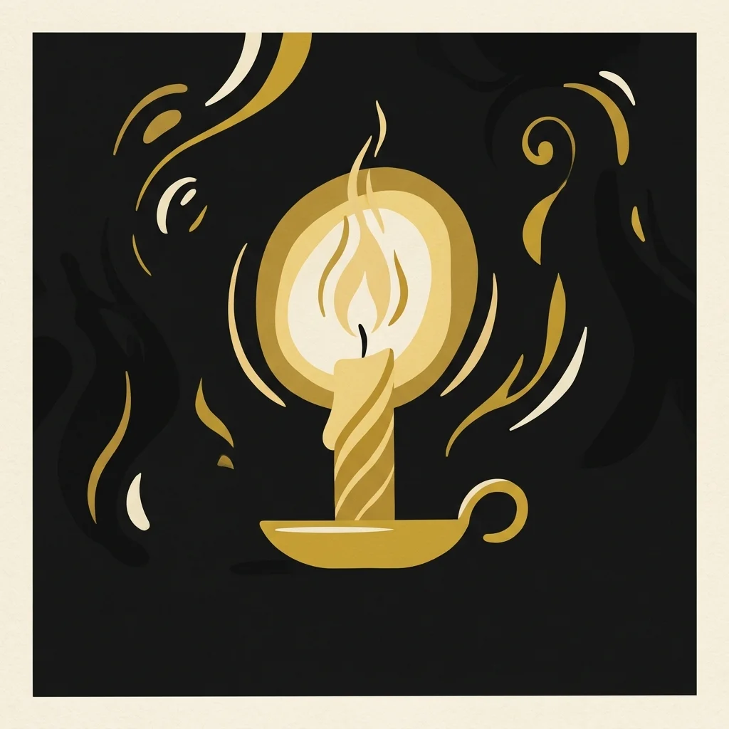 Ilustração cartoon em preto e dourado: Uma única vela tremulando na escuridão, símbolo de tentação resistida