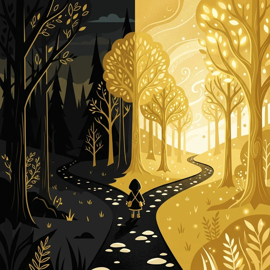 Ilustração cartoon em preto e dourado: Um caminho estreito se bifurcando entre luz dourada e sombra