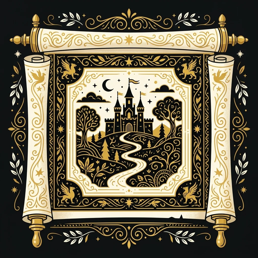 Ilustração cartoon em preto e dourado: Um pergaminho aberto com bordas ornamentadas douradas