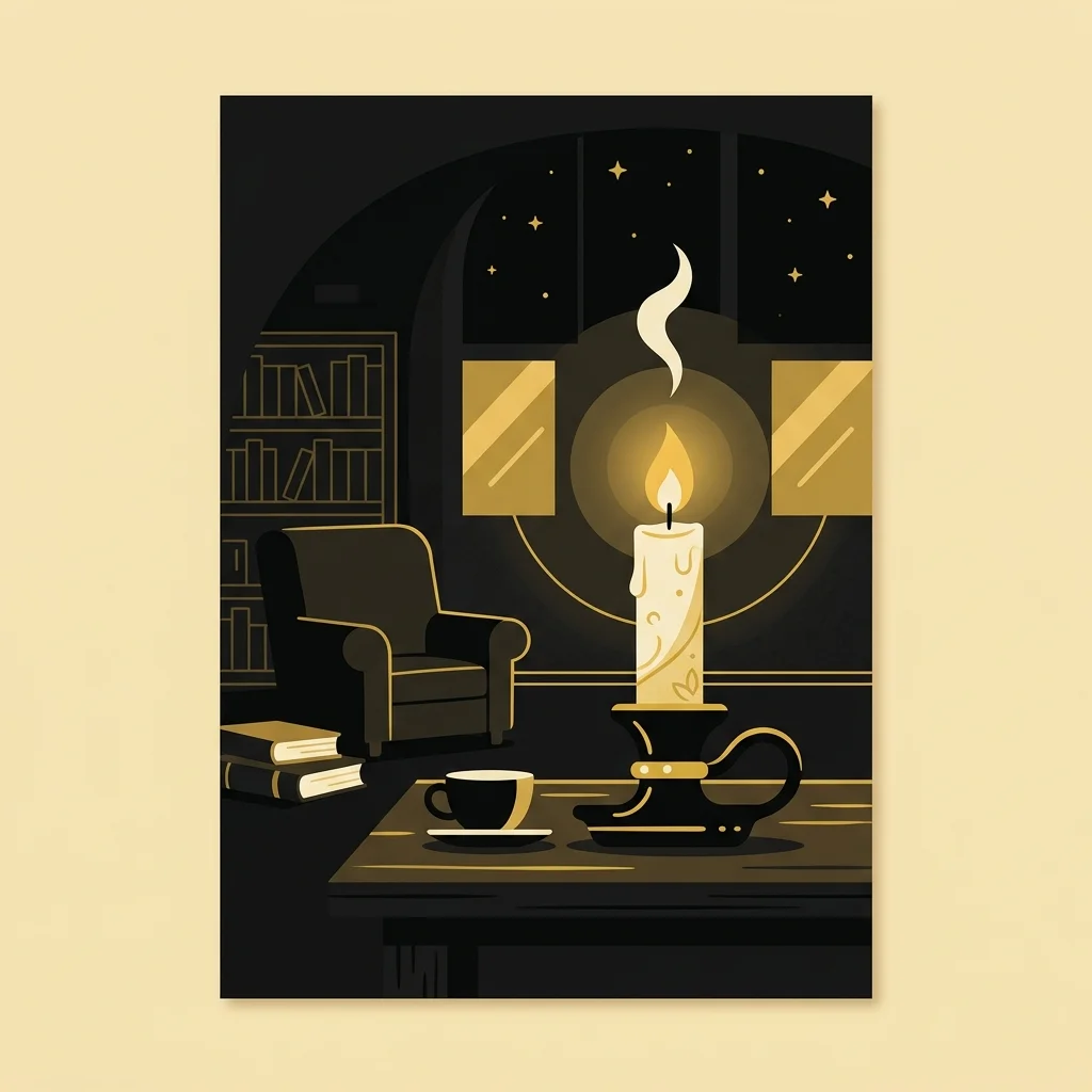 Ilustração cartoon em preto e dourado: Uma única vela acesa em um ambiente privado e suavemente iluminado