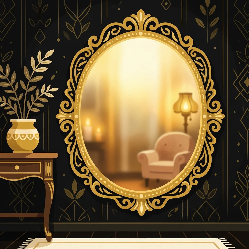 Ilustração cartoon em preto e dourado: Um espelho ovalado refletindo luz dourada suave, sem rosto detalhado