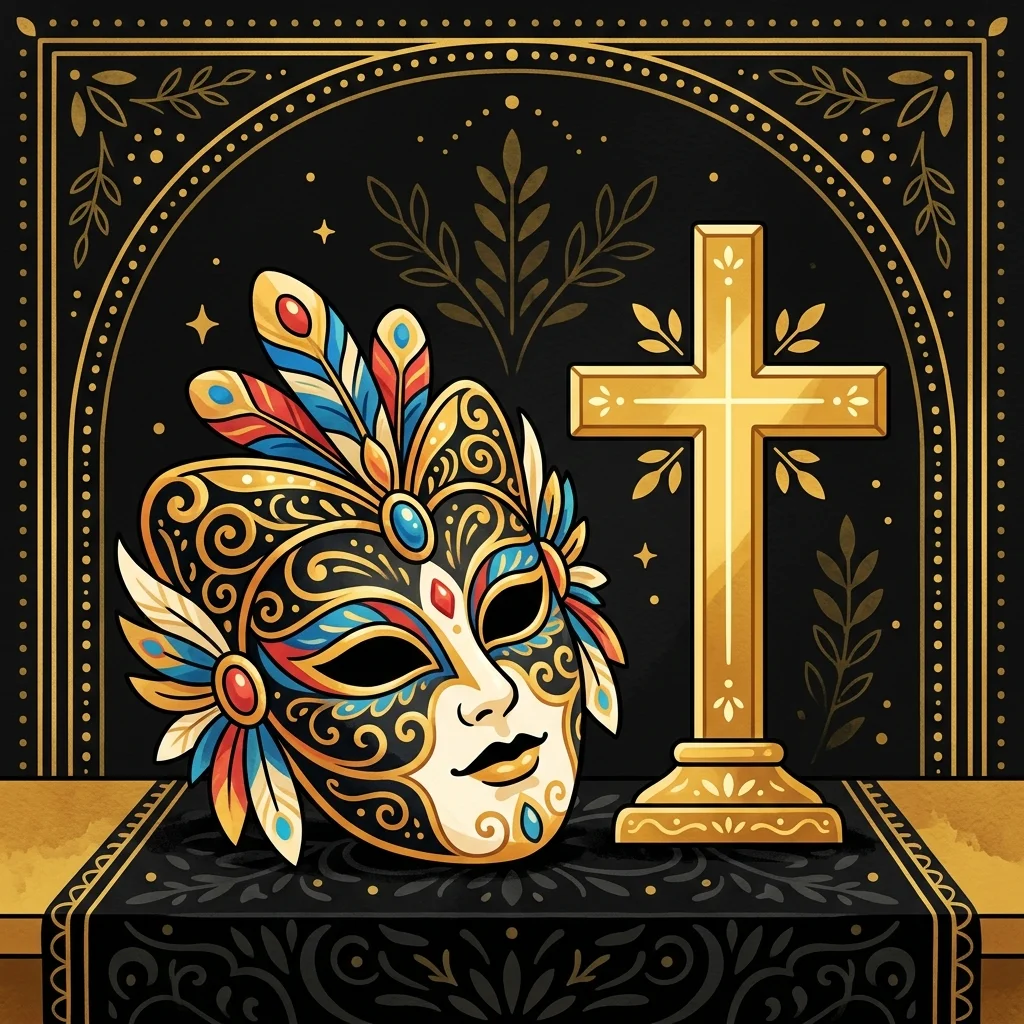 Ilustração cartoon em preto e dourado: Uma máscara colorida repousando ao lado de uma cruz dourada simples