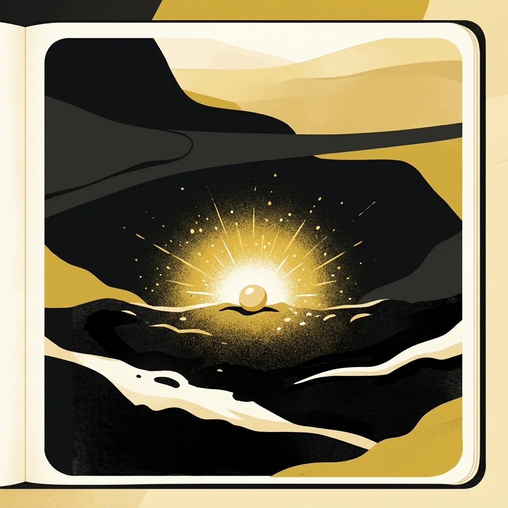 Ilustração cartoon em preto e dourado: Uma pequena semente de mostarda brilhando com luz dourada intensa
