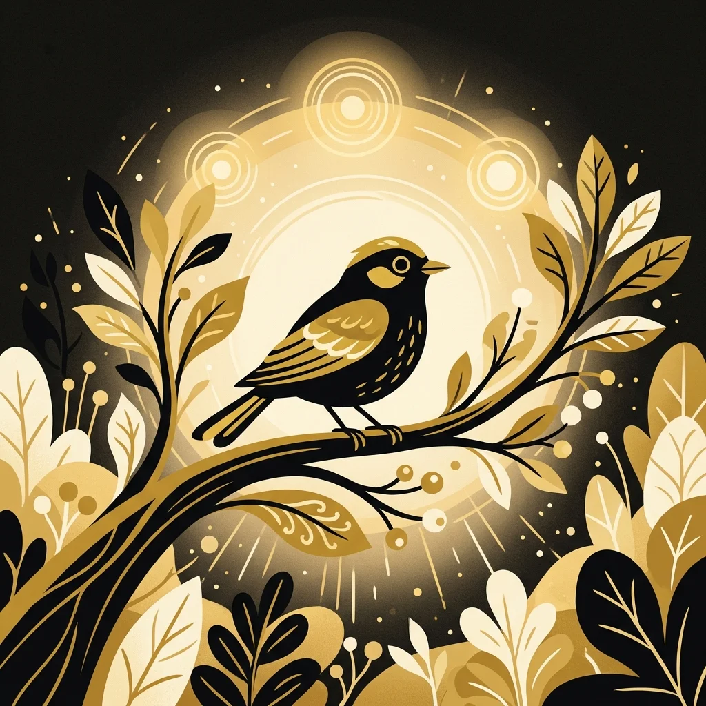 Ilustração cartoon em preto e dourado: Um pássaro pousado calmamente em um galho, cercado por luz suave