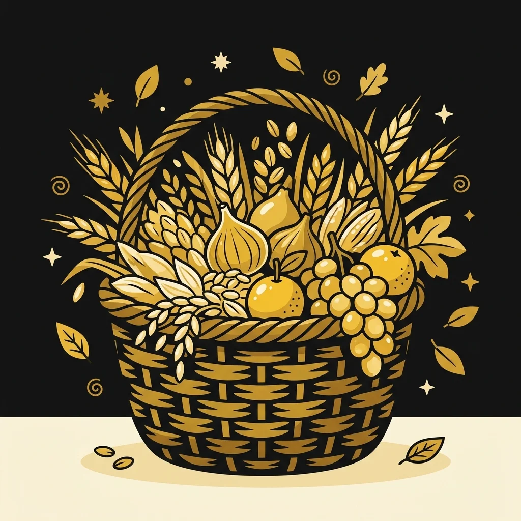 Ilustração cartoon em preto e dourado: Uma cesta transbordando de grãos e frutas douradas