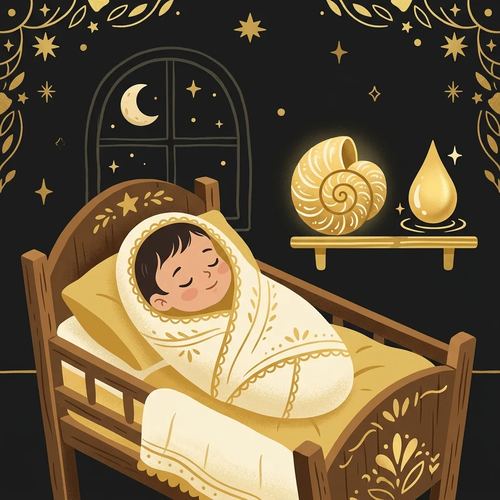Ilustração cartoon em preto e dourado: Um bebê envolto em um cobertor macio ao lado de uma concha e uma gota d'água douradas