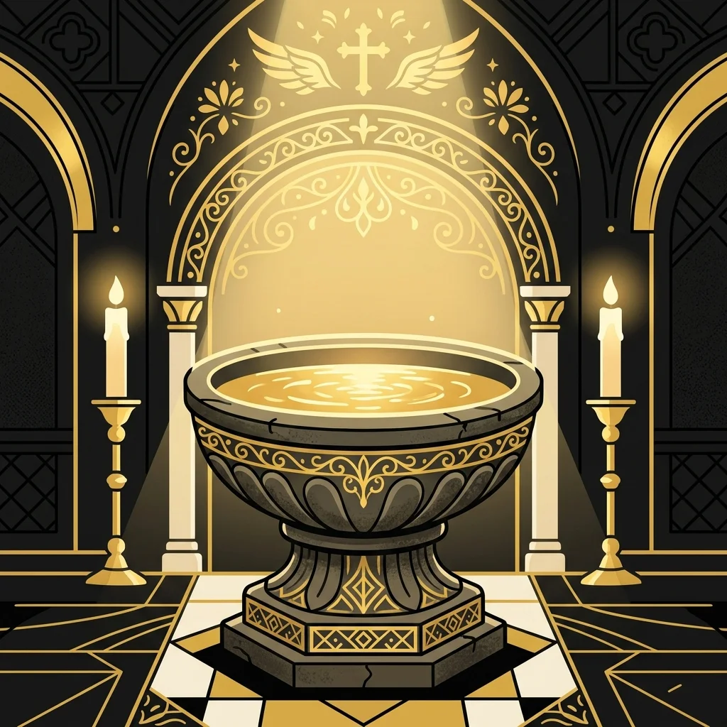 Ilustração cartoon em preto e dourado: Uma pia batismal com luz dourada suave ao redor