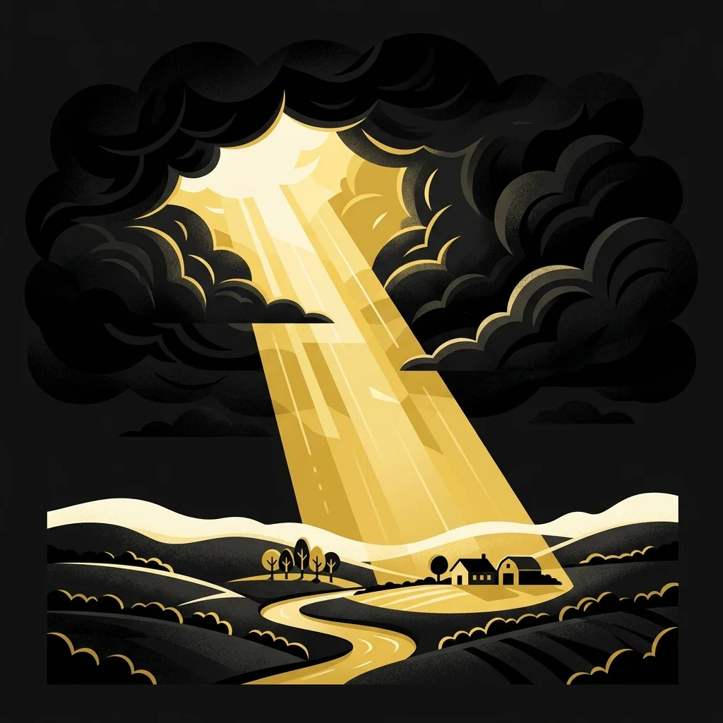 Ilustração cartoon em preto e dourado: Um feixe de luz dourada rompendo nuvens de tempestade sobre um campo tranquilo