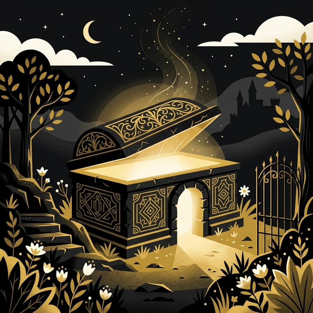 Ilustração cartoon em preto e dourado: Um túmulo aberto com uma luz suave e dourada saindo de dentro