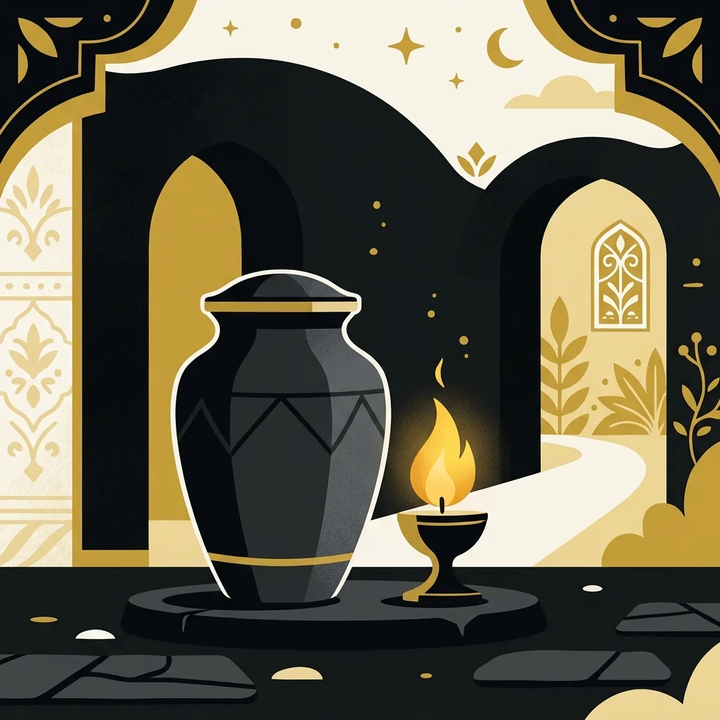 Ilustração cartoon em preto e dourado: Uma urna simples ao lado de uma pequena chama dourada