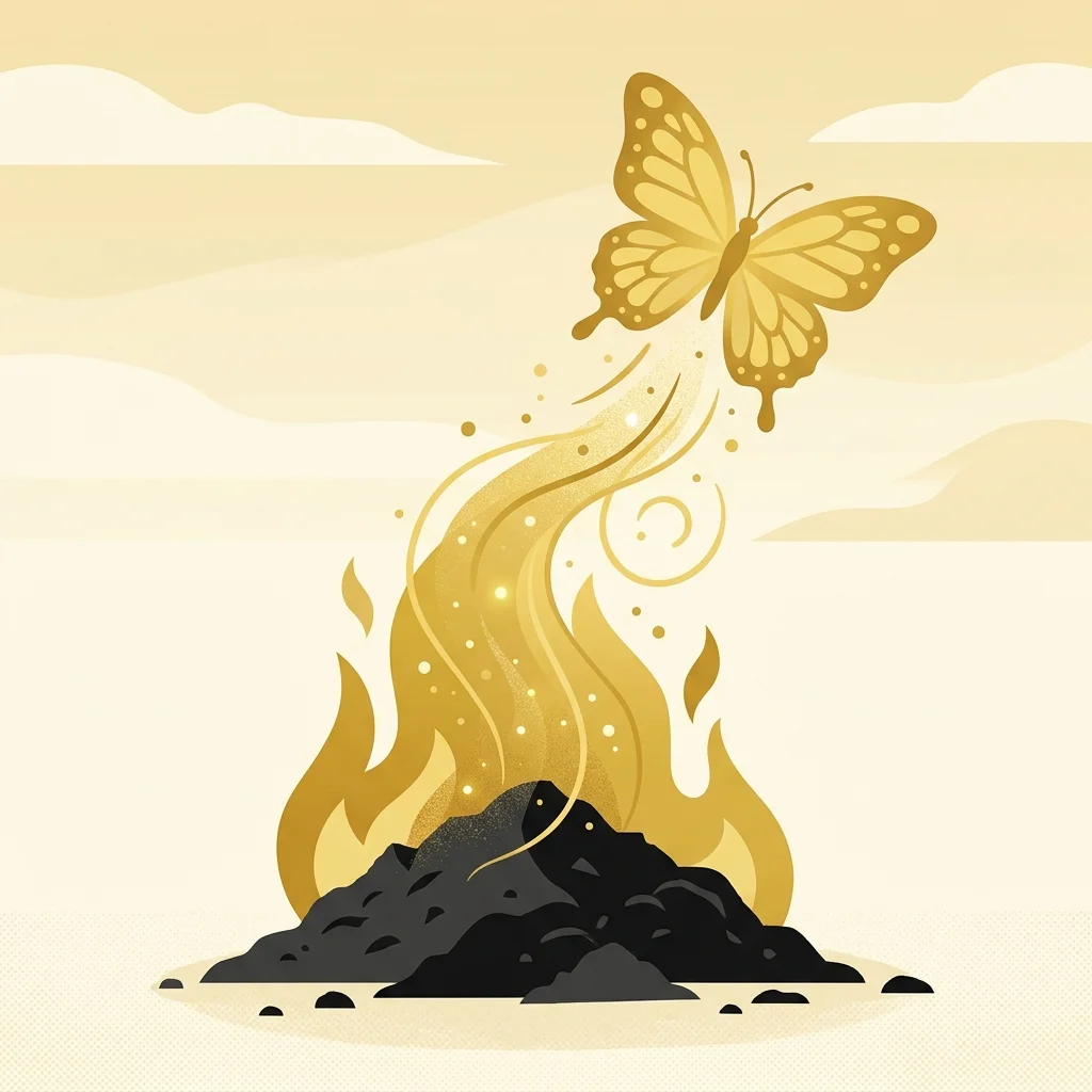 Ilustração cartoon em preto e dourado: Cinzas se transformando em uma borboleta dourada ascendente