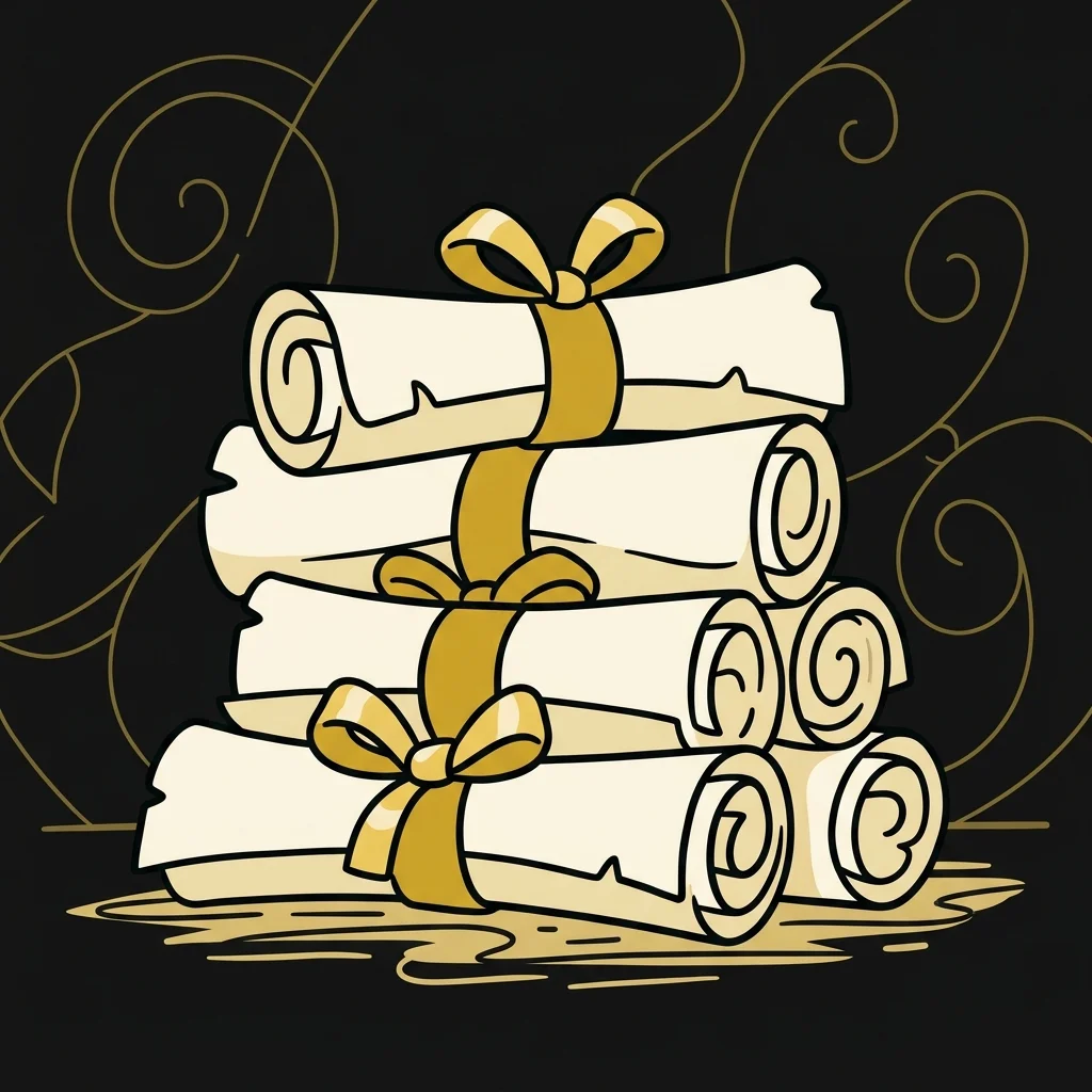 Ilustração cartoon em preto e dourado: Uma pilha de pergaminhos amarrados com fita dourada