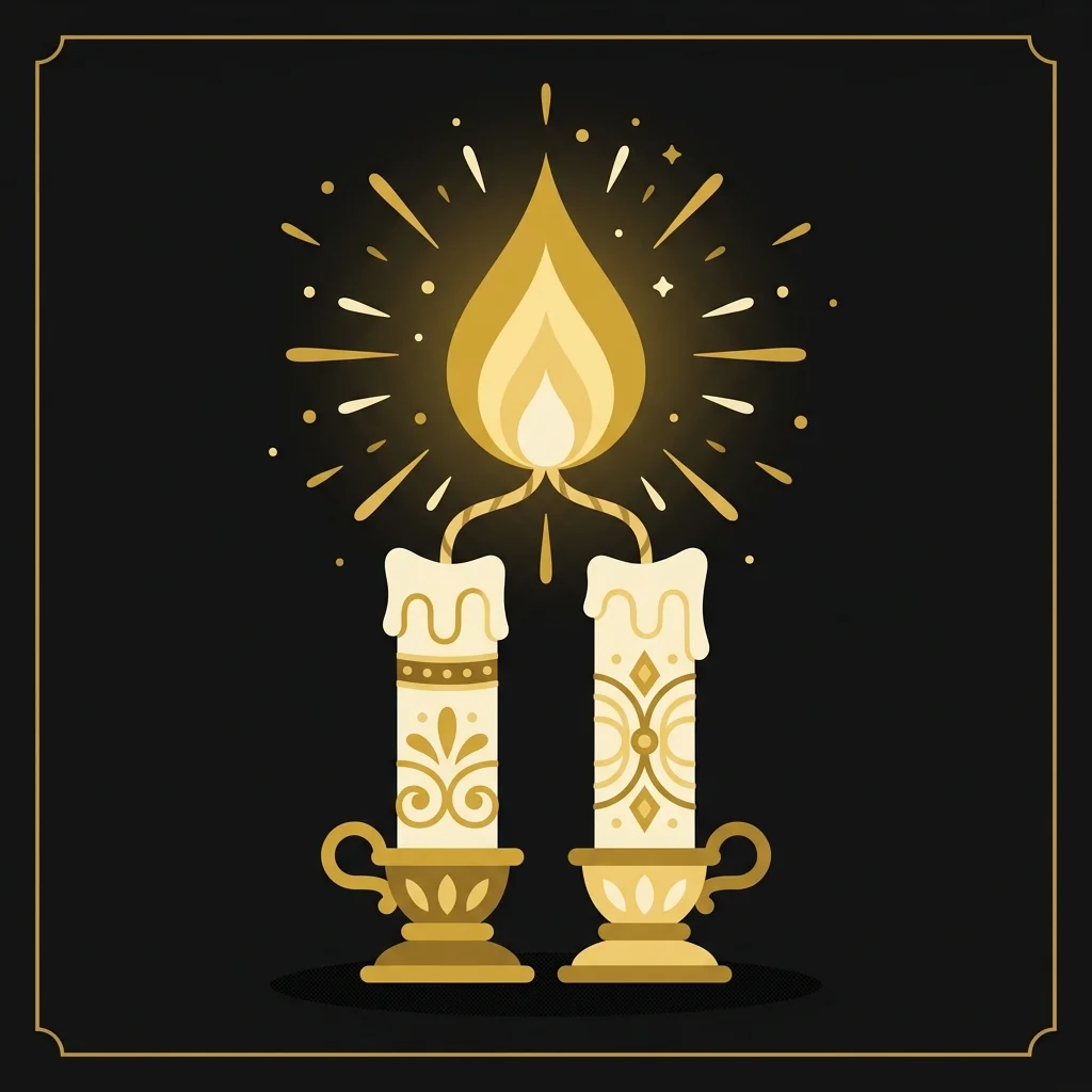 Ilustração cartoon em preto e dourado: Duas velas se unindo em uma única chama dourada