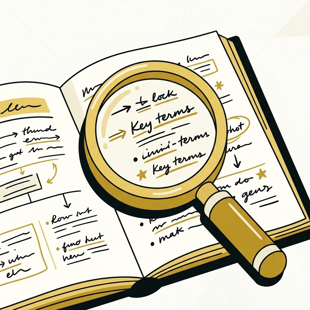 Ilustração cartoon em preto e dourado: Uma lupa dourada destacando notas de estudo em um livro aberto