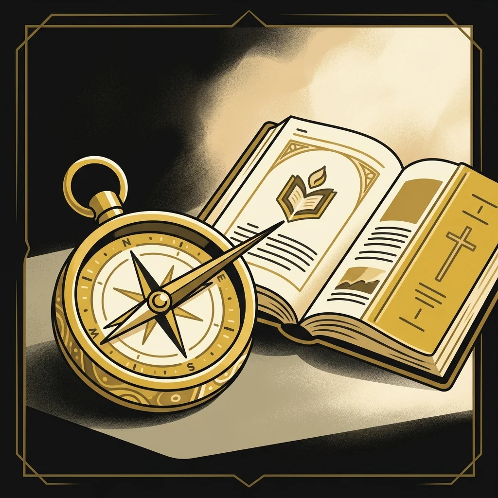 Ilustração cartoon em preto e dourado: Uma bússola dourada apontando para uma Bíblia aberta