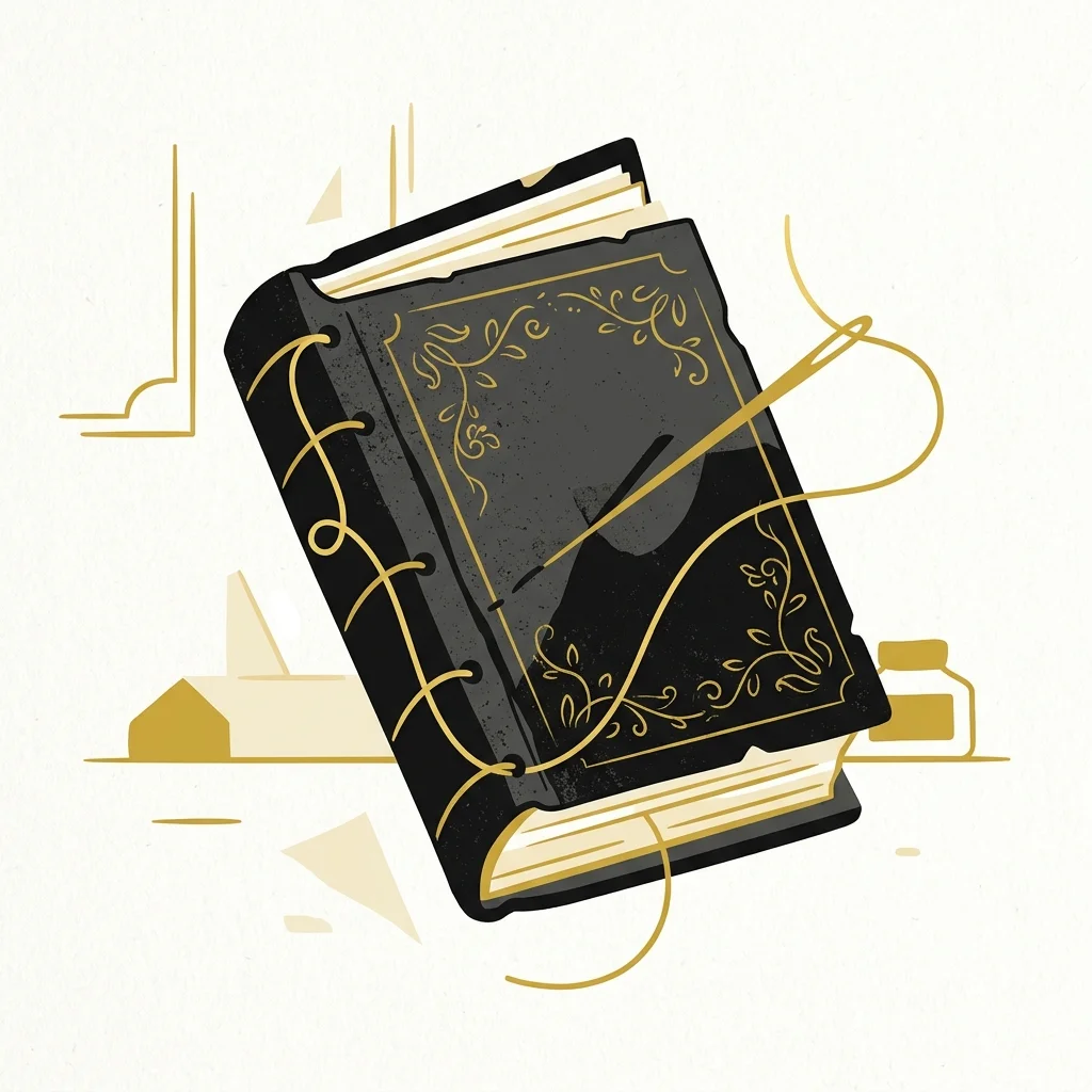 Ilustração cartoon em preto e dourado: Uma linha dourada costurando a lombada de um livro desgastado