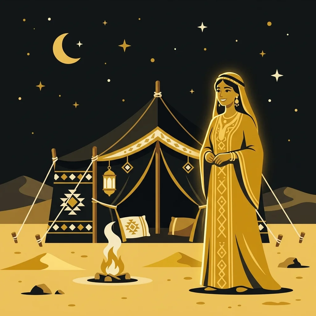 Ilustração cartoon em preto e dourado: Uma mulher sorrindo suavemente diante de uma tenda no deserto, silhueta dourada