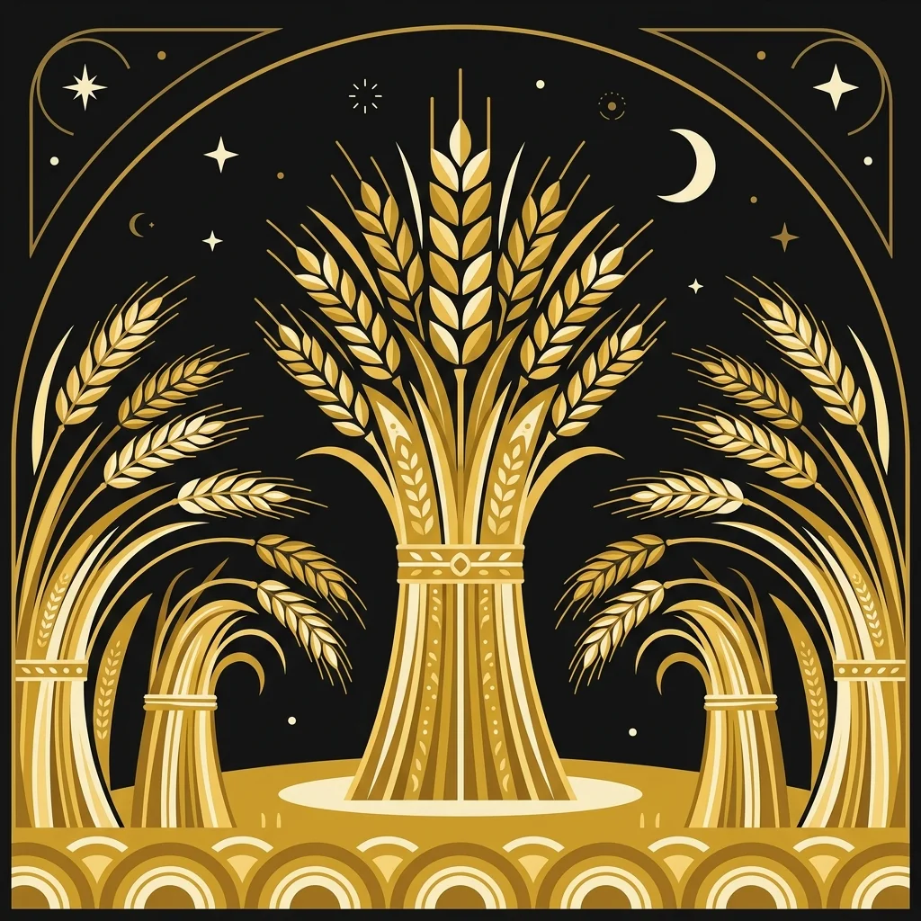 Ilustração cartoon em preto e dourado: Feixes de trigo dourados curvando-se diante de um feixe central mais alto