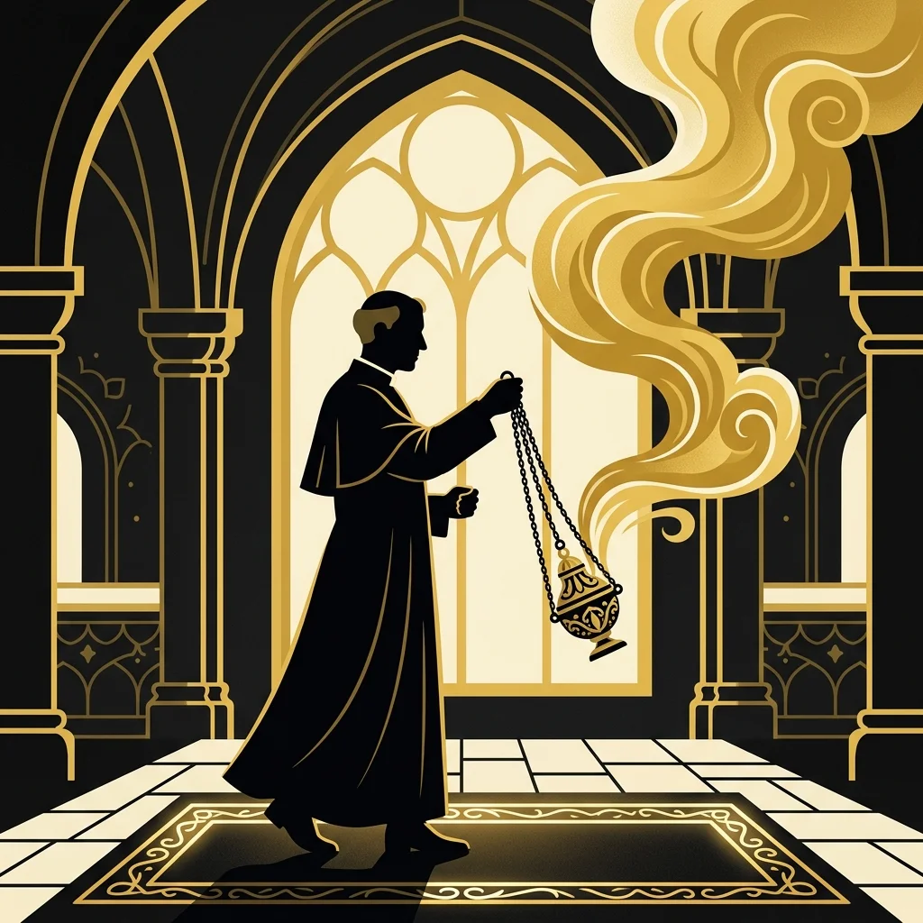 Ilustração cartoon em preto e dourado: Um sacerdote silhueta segurando um incensário com fumaça dourada subindo