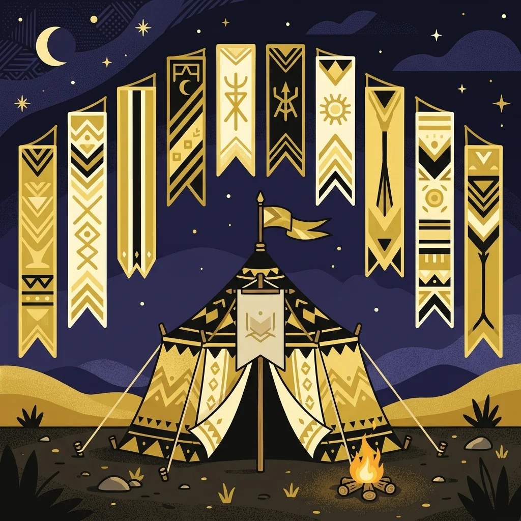 Ilustração cartoon em preto e dourado: Uma tenda tribal com estandarte simples, doze faixas douradas ao fundo representando as tribos
