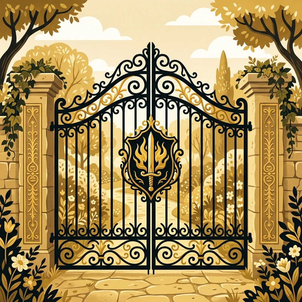 Ilustração cartoon em preto e dourado: Um portão de jardim se fechando, com um símbolo de espada flamejante em dourado