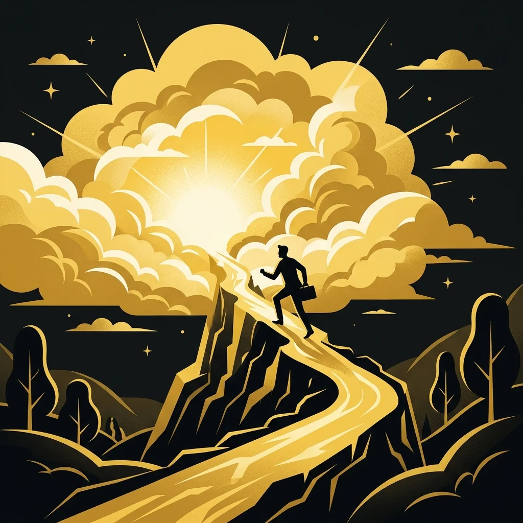 Ilustração cartoon em preto e dourado: Um homem em silhueta caminhando para cima em direção a nuvens douradas e luz intensa