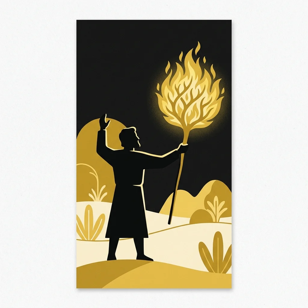 Ilustração cartoon em preto e dourado: Um homem segurando um cajado diante de uma sarça ardente dourada, silhueta preta