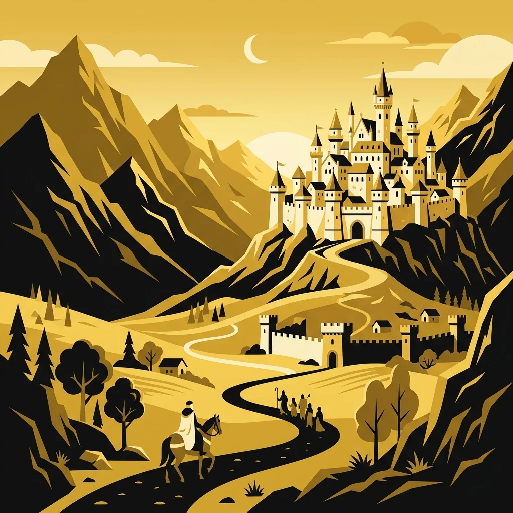 Ilustração cartoon em preto e dourado: Uma paisagem montanhosa com uma cidade fortificada ao longe, tons dourados