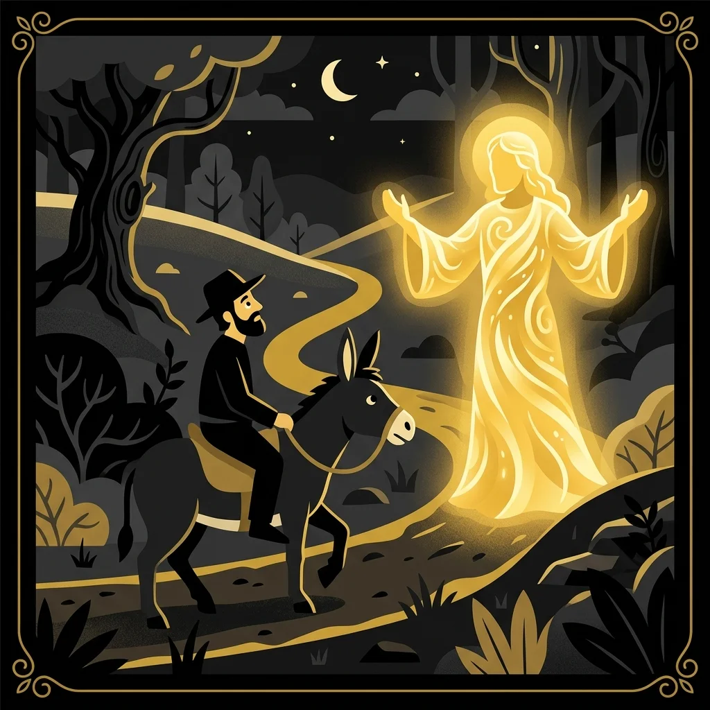 Ilustração cartoon em preto e dourado: Um homem montado em um jumento, com uma figura brilhante dourada bloqueando o caminho