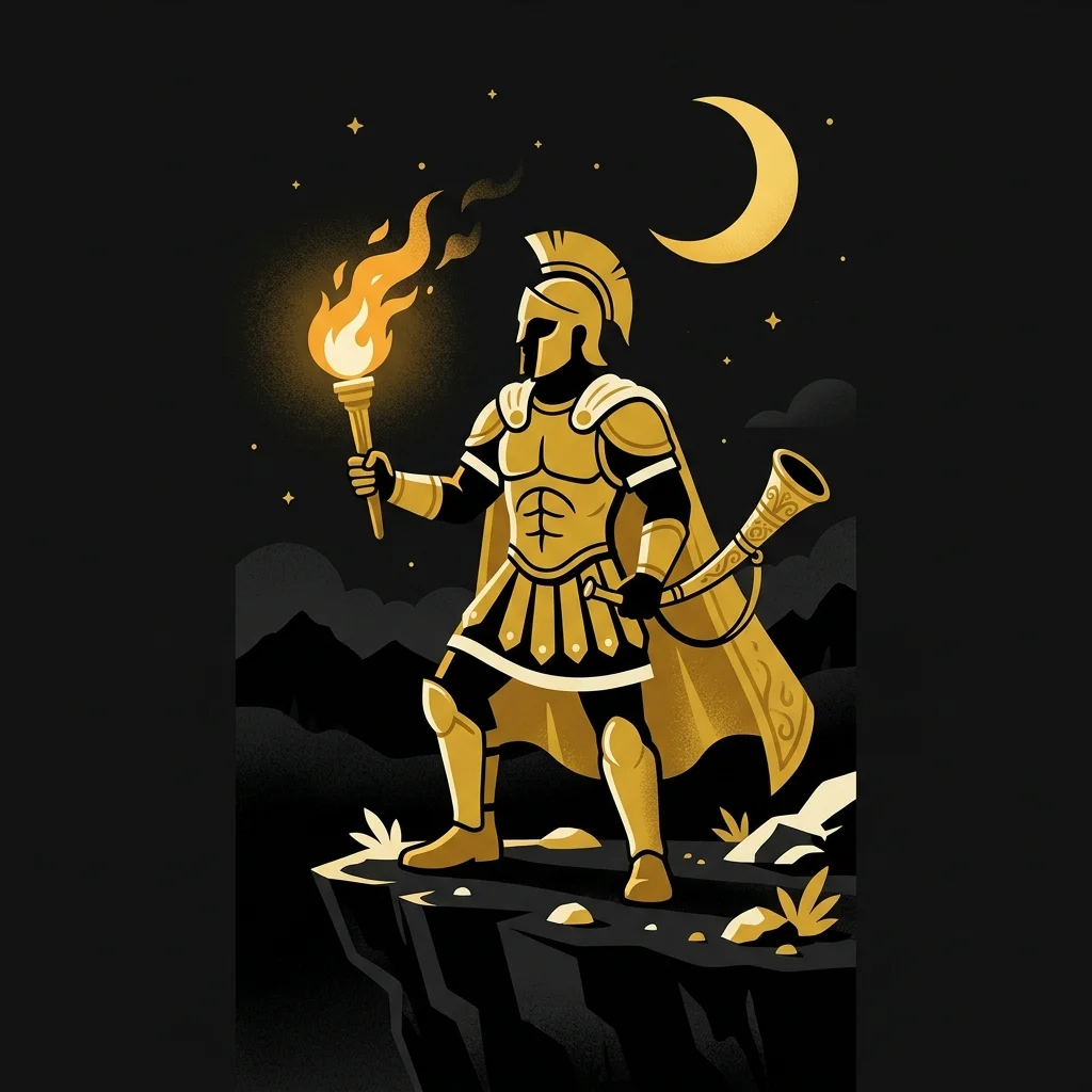 Ilustração cartoon em preto e dourado: Um guerreiro segurando uma tocha e uma trombeta, silhueta dourada contra fundo preto