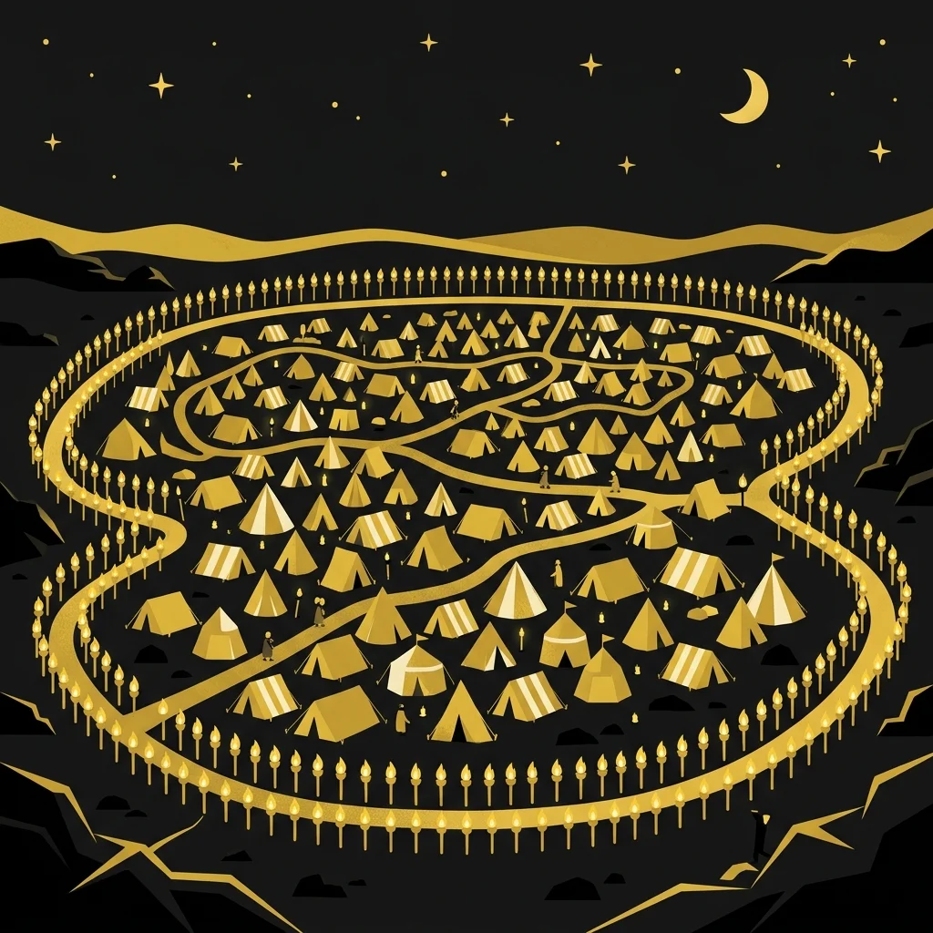 Ilustração cartoon em preto e dourado: Trezentas pequenas tochas douradas cercando um acampamento à noite