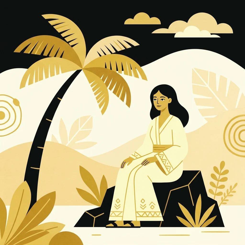 Ilustração cartoon em preto e dourado: Uma mulher sentada sob uma palmeira estilizada, julgando com serenidade, tons dourados