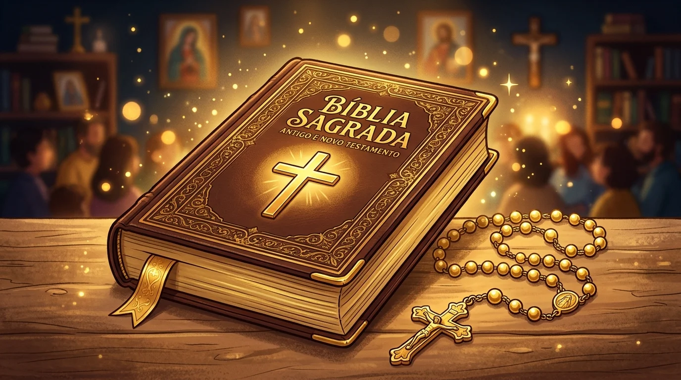 Ilustração cartoon em preto e dourado da Bíblia Pastoral Catequese, edição especial para formação católica