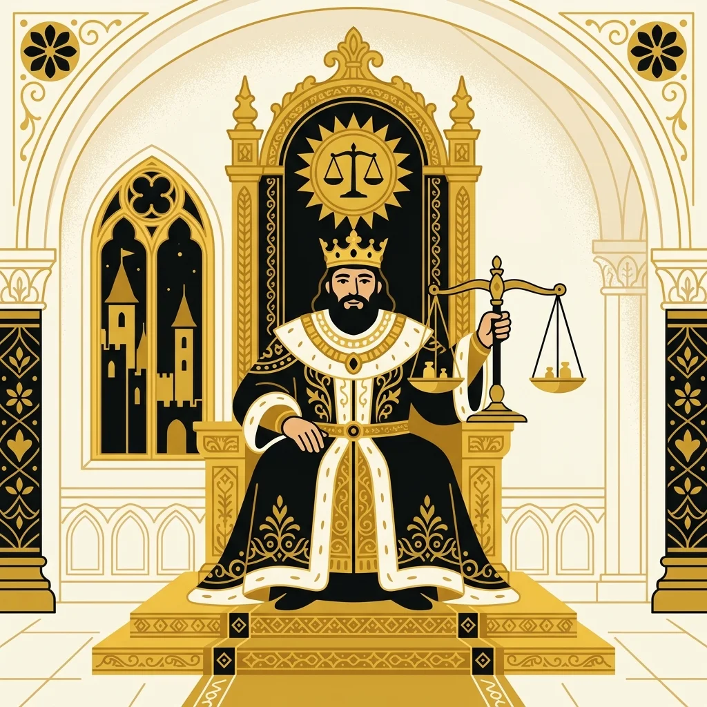Ilustração cartoon em preto e dourado: Um rei sentado em um trono dourado, segurando uma balança de justiça