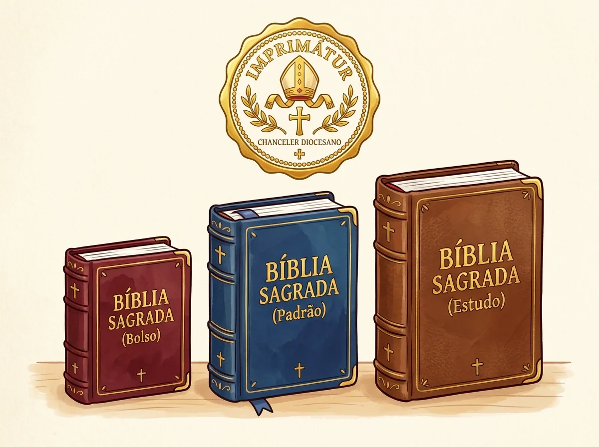 Comparação cartoon entre formatos da Bíblia Pastoral Catequese, com selo de Imprimátur e Nihil Obstat