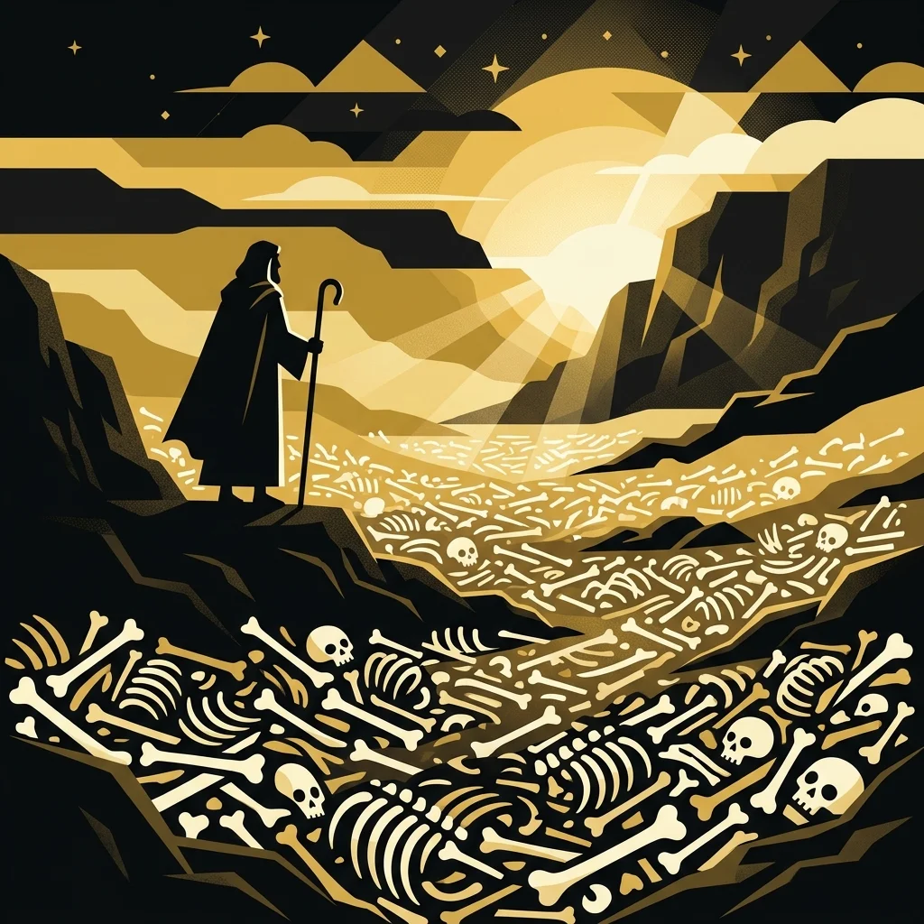 Ilustração cartoon em preto e dourado: Um profeta em silhueta diante de um vale de ossos secos, luz dourada surgindo entre eles