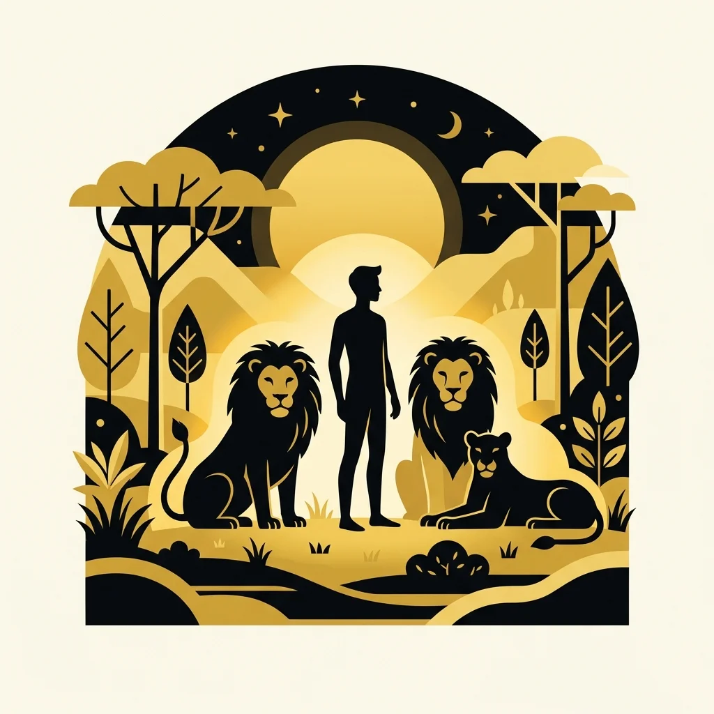 Ilustração cartoon em preto e dourado: Um jovem em silhueta parado calmamente entre leões, luz dourada ao redor