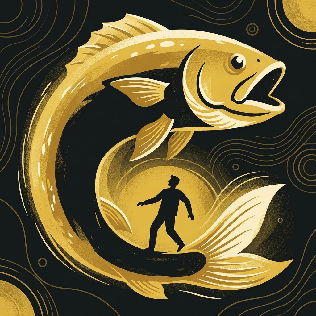 Ilustração cartoon em preto e dourado: Um homem em silhueta sendo engolido pela sombra de um grande peixe, tons dourados