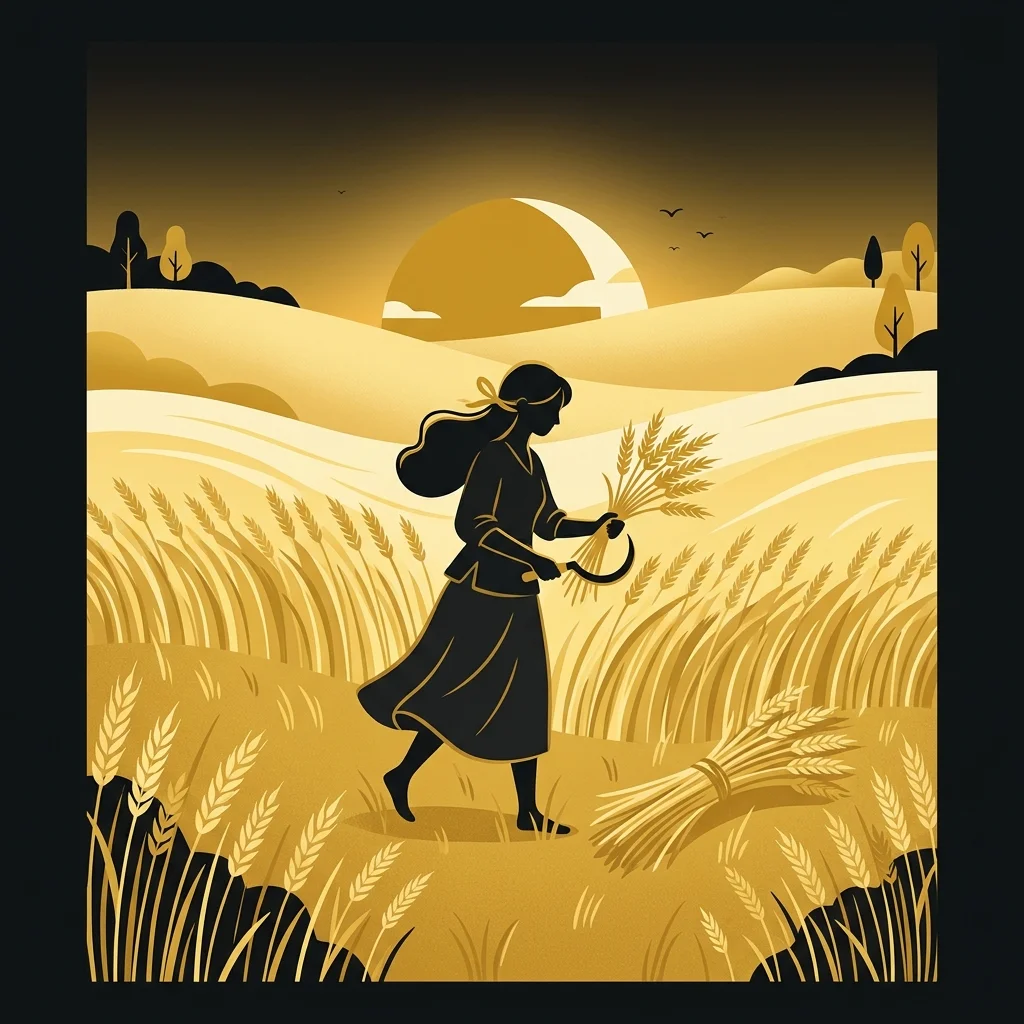 Ilustração cartoon em preto e dourado: Uma mulher colhendo trigo em um campo dourado ao entardecer, silhueta suave