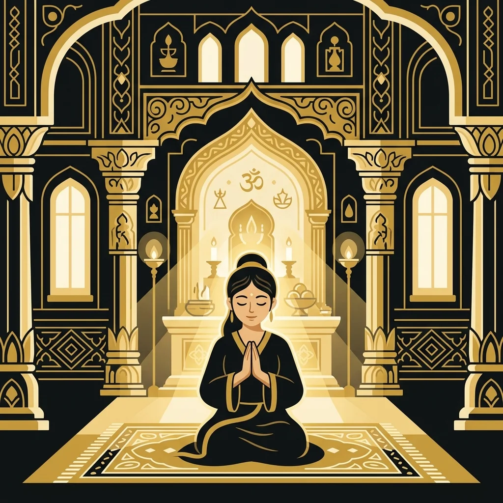 Ilustração cartoon em preto e dourado: Uma mulher orando silenciosamente dentro de um templo, luz dourada suave ao redor