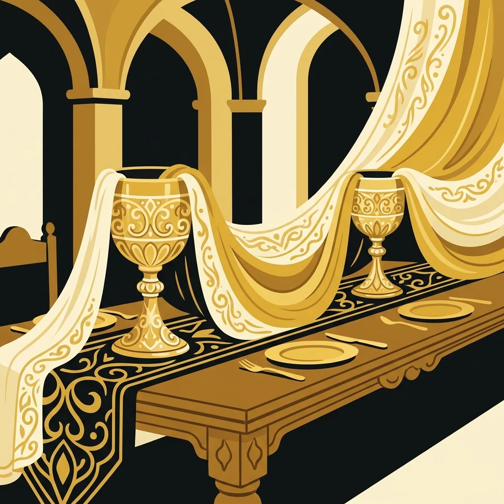 Ilustração cartoon em preto e dourado: Uma mesa de banquete real com dois cálices dourados e véus ornamentados
