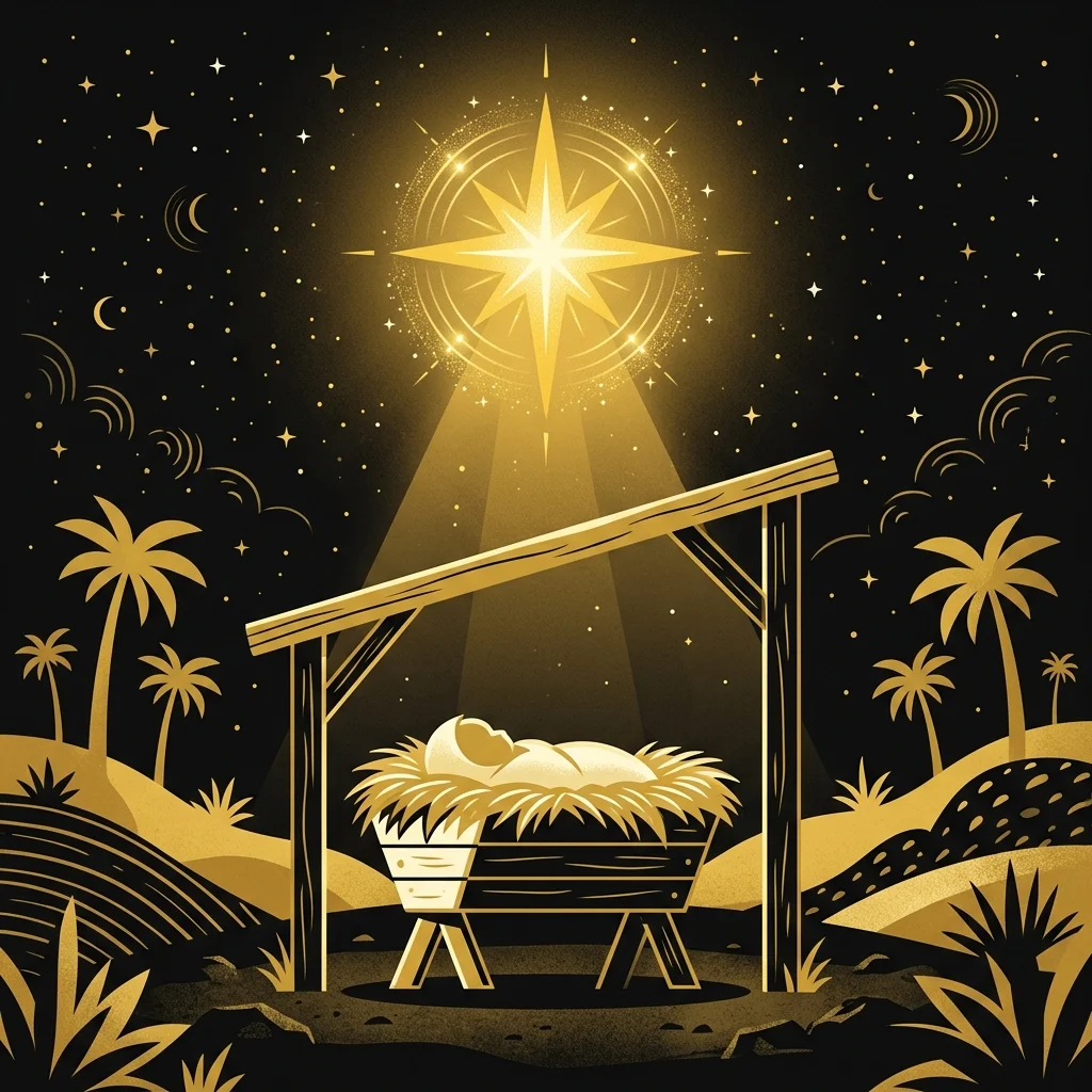 Ilustração cartoon em preto e dourado: Uma manjedoura simples com uma estrela dourada intensa iluminando o céu noturno