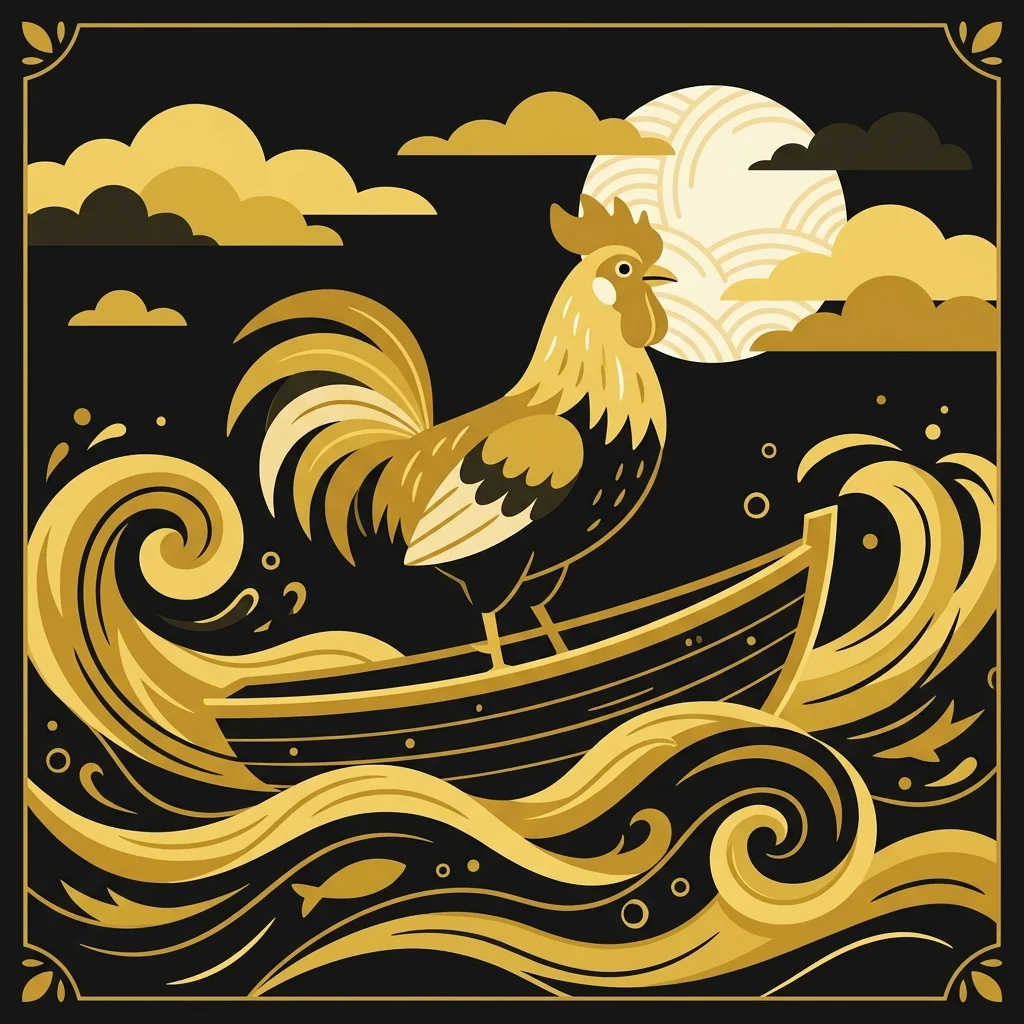 Ilustração cartoon em preto e dourado: Um galo e um pequeno barco sobre águas agitadas, tons dourados e pretos