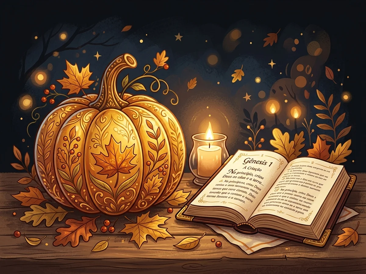 Ilustração cartoon em preto e dourado de uma abóbora de Halloween ao lado de uma Bíblia