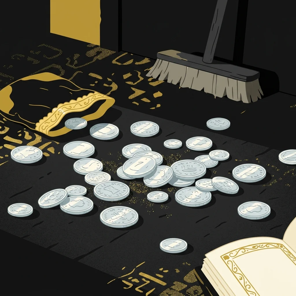 Ilustração cartoon em preto e dourado: Trinta moedas de prata espalhadas no chão, luz fria contrastando com dourado